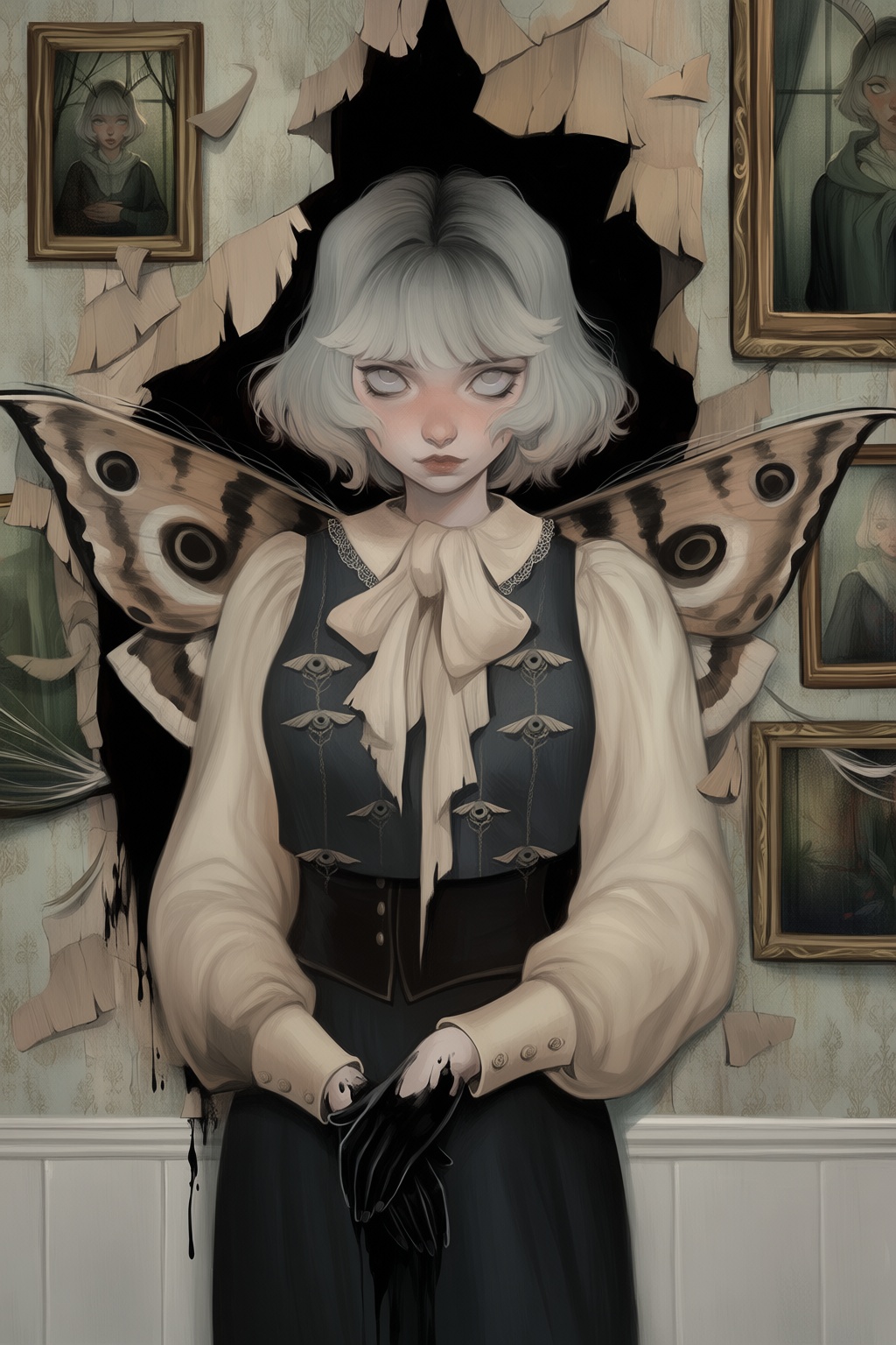 @loish,  surrealistic,  A painterly fantasy portrait shows a pale figure with moth wings emerging from a wall of peeling w...
