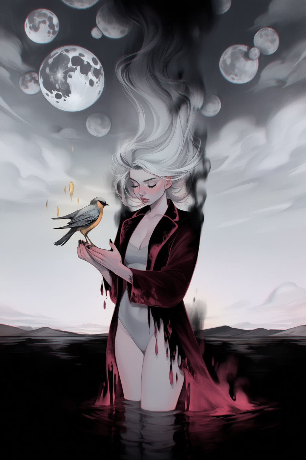 @loish,  surrealistic,  A surrealistic painterly portrait depicts a pale figure standing waist-deep in a black reflective...
