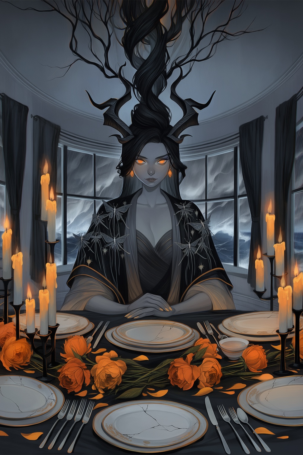 @loish,  surrealistic,  A dark painterly illustration shows an elegant horned figure seated at a banquet table covered in...