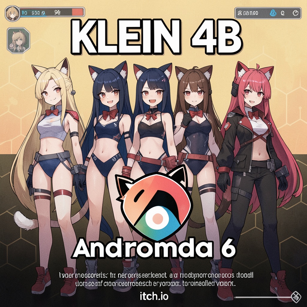a indie video game poster available now on itch.io titled 'KLEIN 4B' animal ears,  cat ears,  red bow on Tensor.Art
