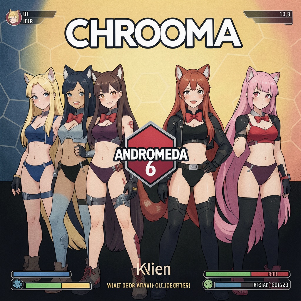 a indie video game poster available now on itch.io titled 'CHROMA' animal ears,  cat ears,  red bow on Tensor.Art
