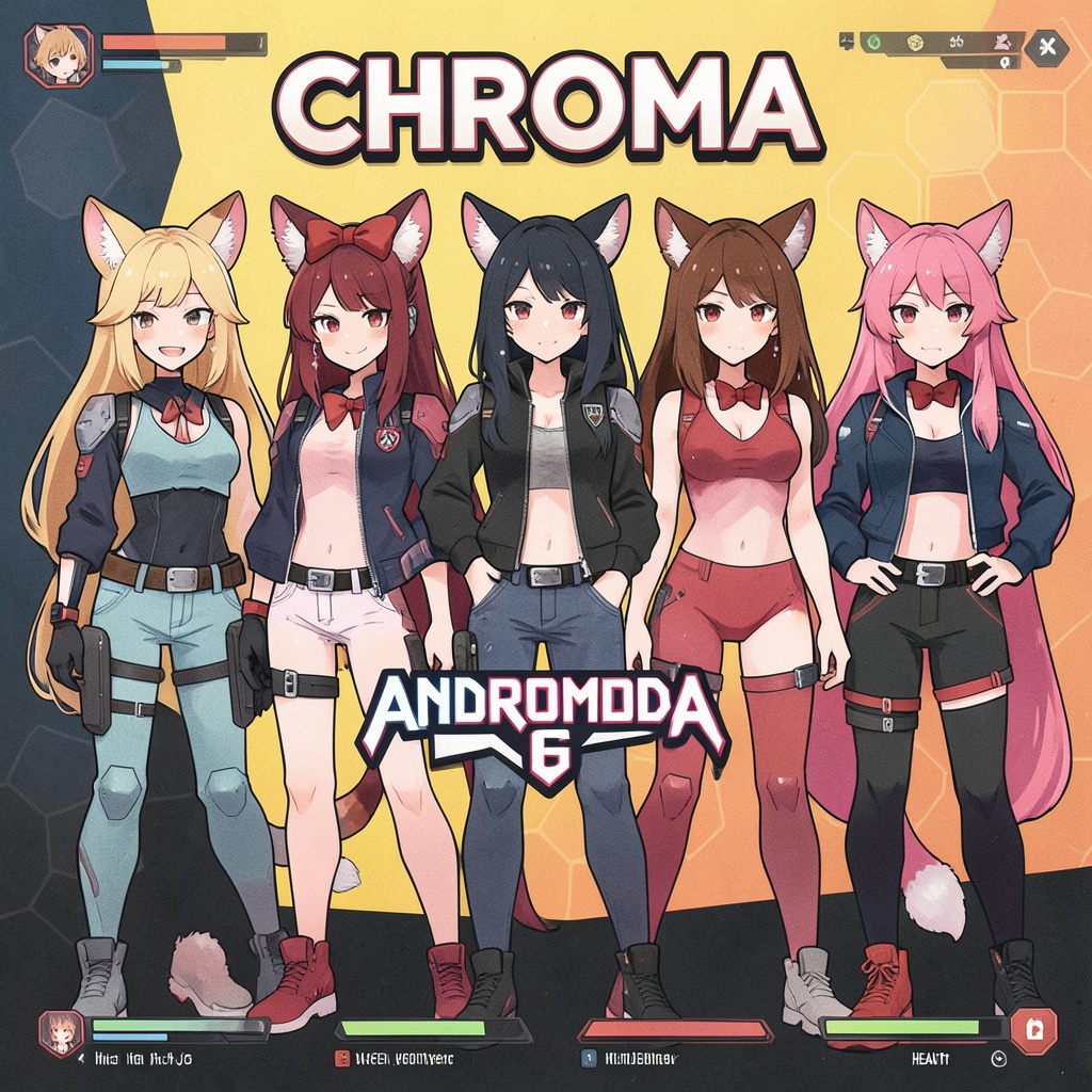 a indie video game poster available now on itch.io titled 'CHROMA' animal ears,  cat ears,  red bow on Tensor.Art