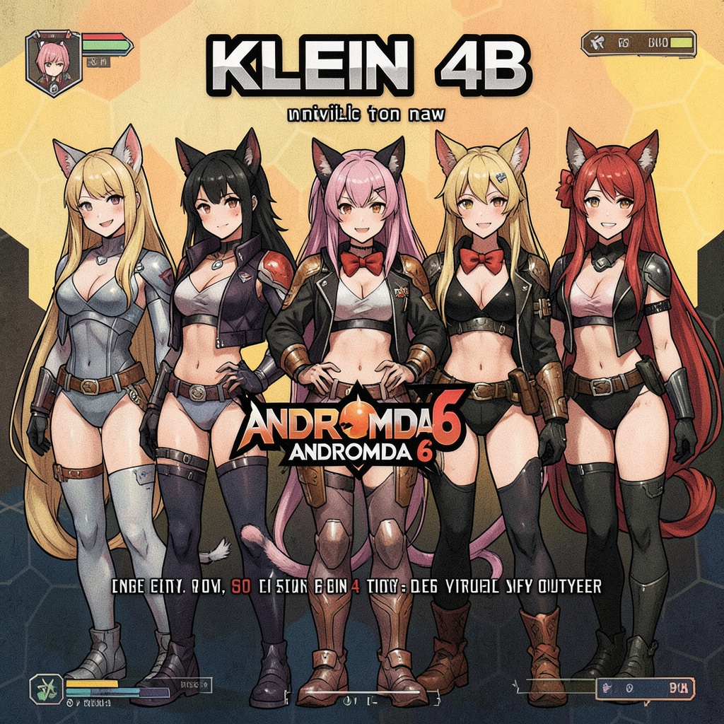 a indie video game poster available now on itch.io titled 'KLEIN 4B' animal ears,  cat ears,  red bow on Tensor.Art
