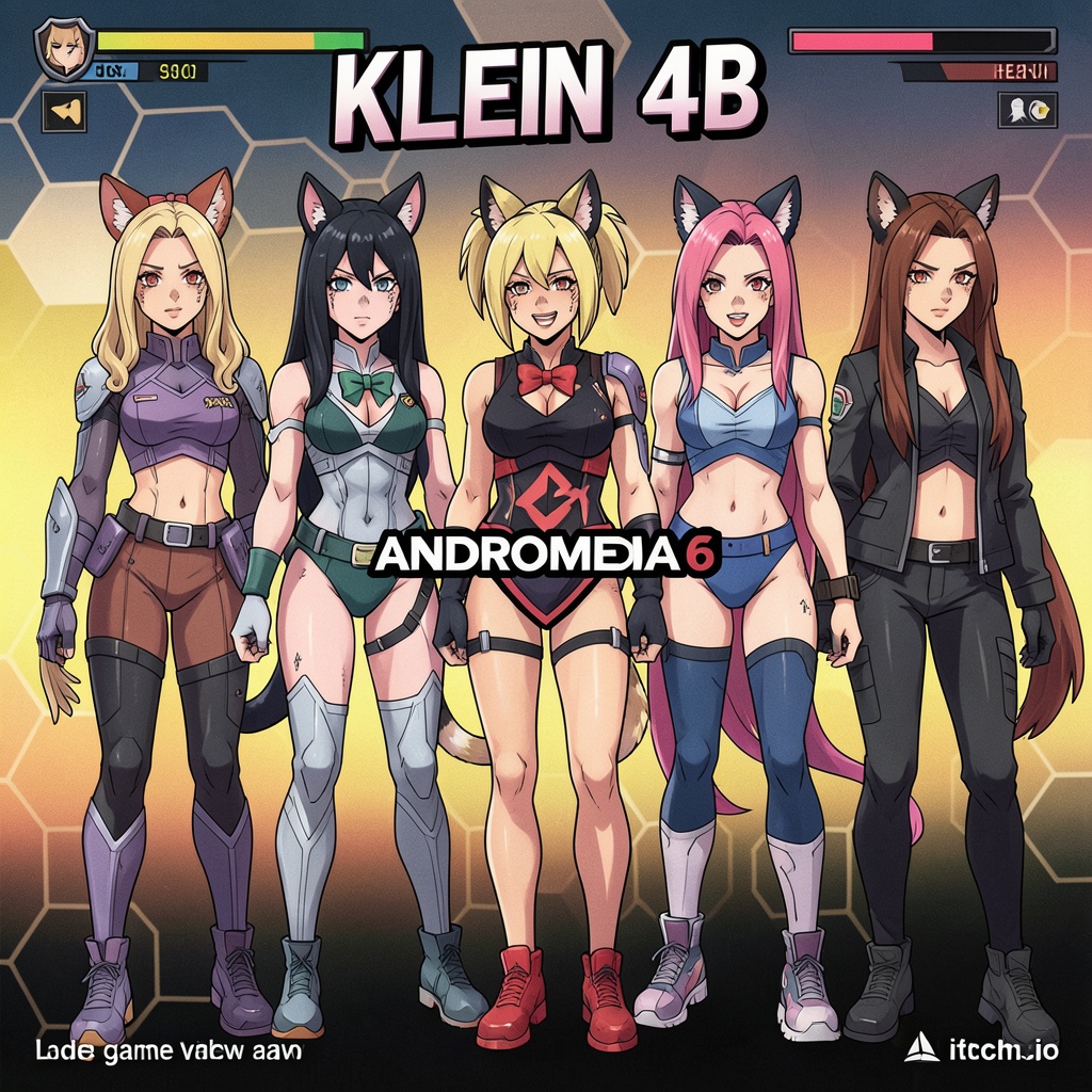 a indie video game poster available now on itch.io titled 'KLEIN 4B' animal ears,  cat ears,  red bow on Tensor.Art