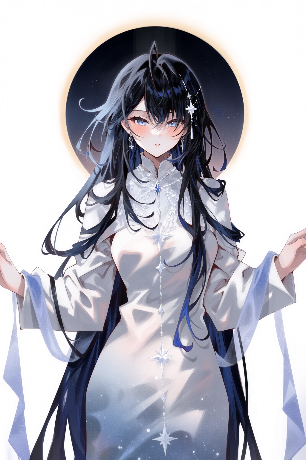 @arutera,  A supernatural digital painting portrays a celestial figure with flowing midnight-blue hair and luminous silver...