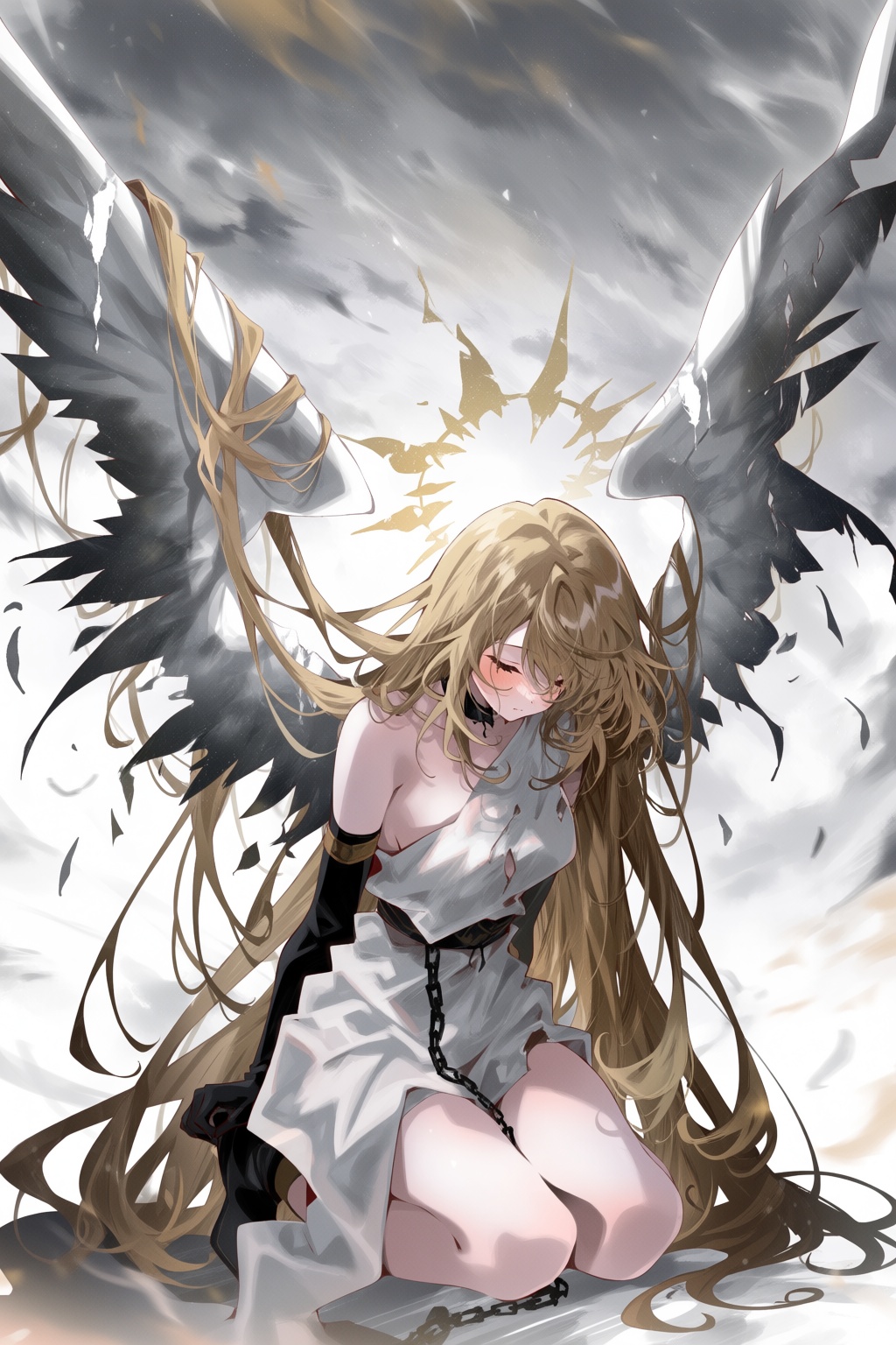 @arutera,  A melancholic digital illustration depicts a celestial being in a state of sorrowful grace. The figure is kneel...
