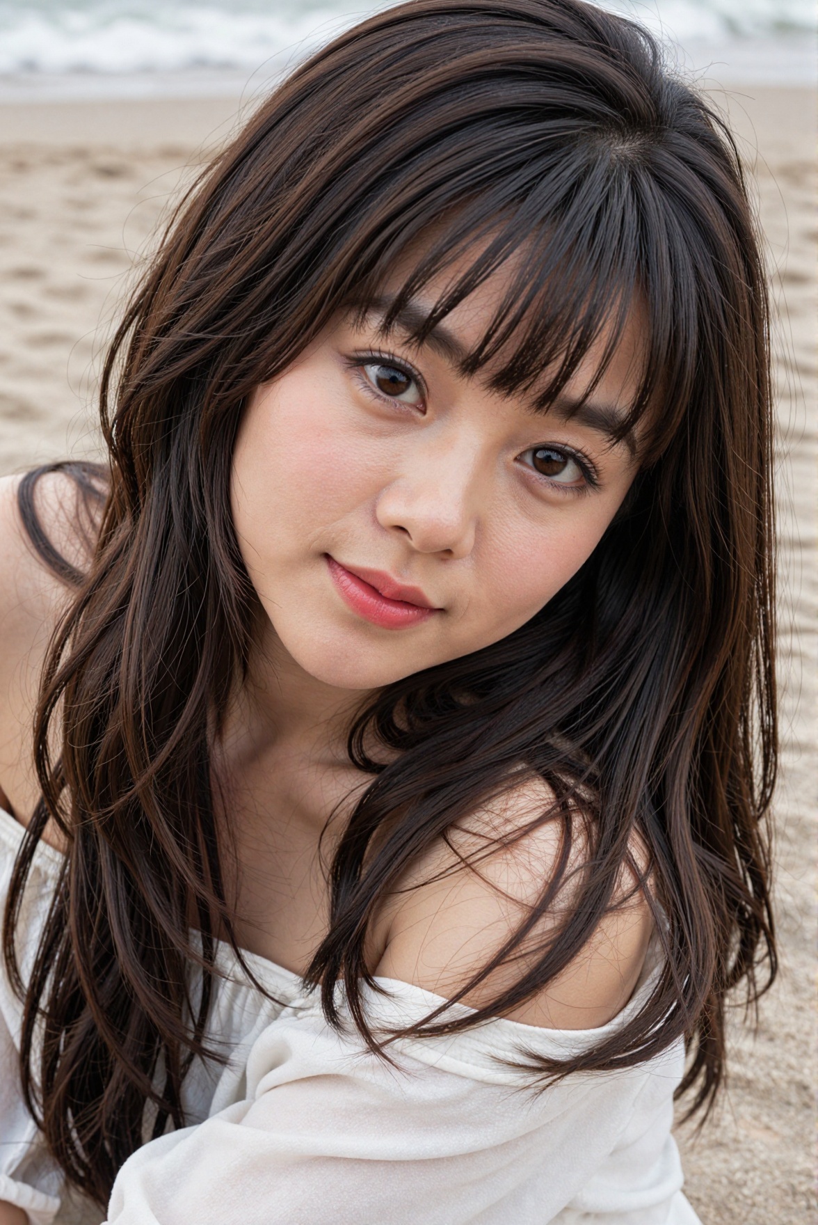 Create a realistic close-up of a 1girl,  a Chinese girl with a beautiful face and long hair,  dark hair. She has bangs tha...