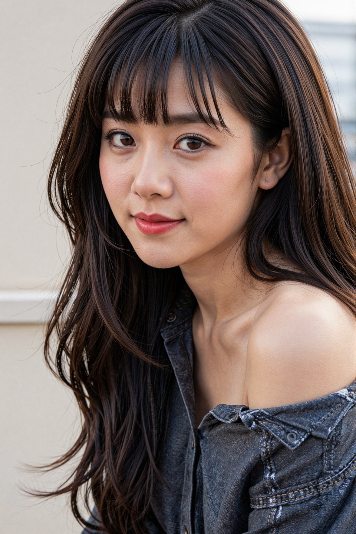 Create a realistic close-up of a 1girl,  a Chinese girl with a beautiful face and long hair,  dark hair. She has bangs tha...