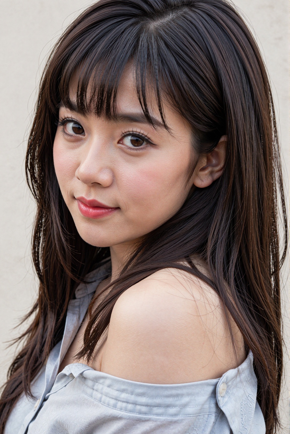 Create a realistic close-up of a 1girl,  a Chinese girl with a beautiful face and long hair,  dark hair. She has bangs tha...