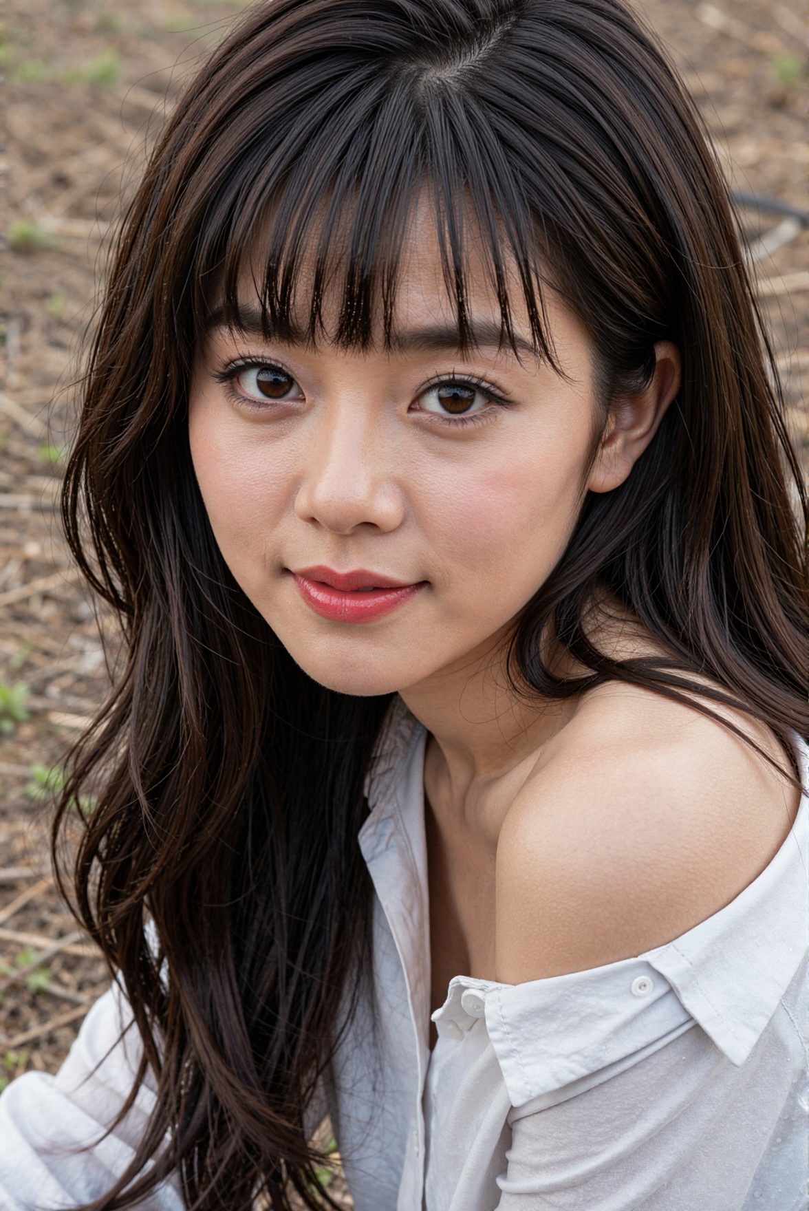 Create a realistic close-up of a 1girl,  a Chinese girl with a beautiful face and long hair,  dark hair. She has bangs tha...