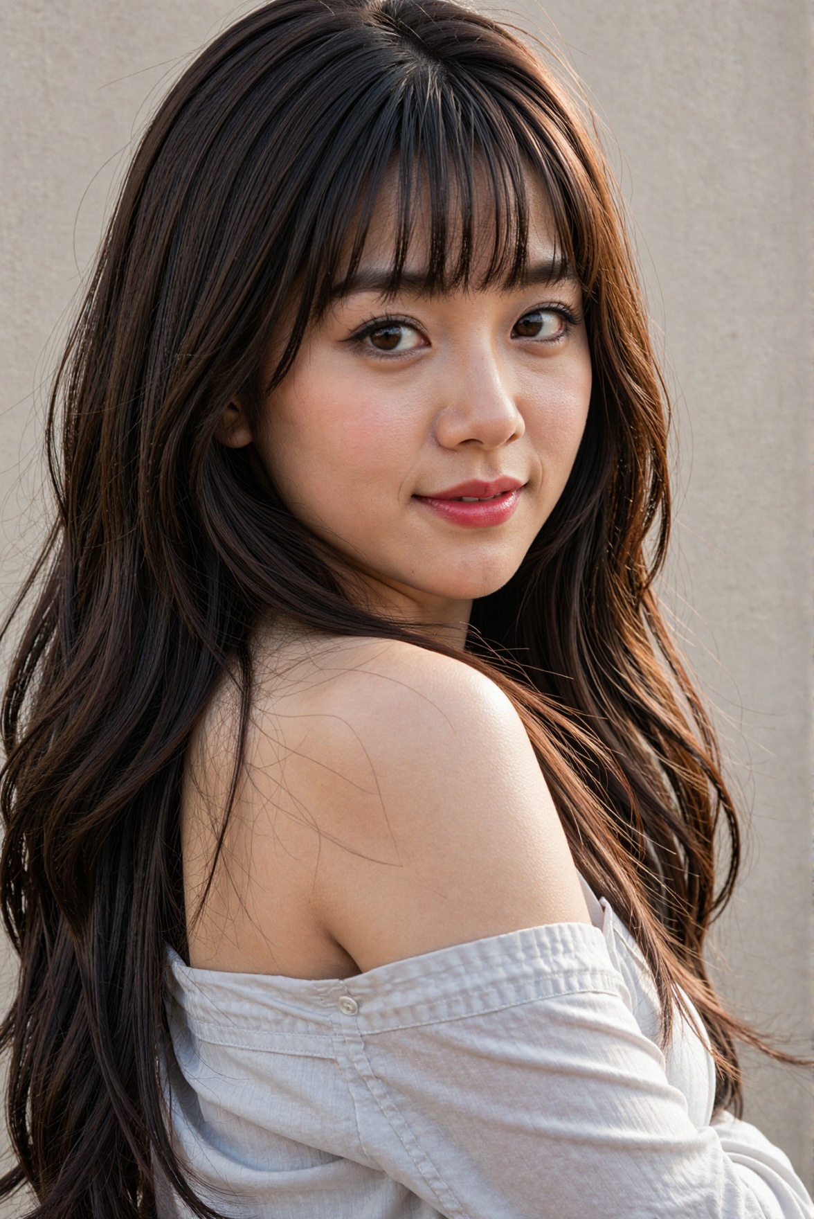 Create a realistic close-up of a 1girl,  a Chinese girl with a beautiful face and long hair,  dark hair. She has bangs tha...
