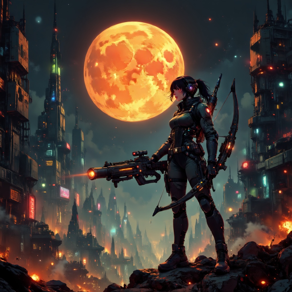 The image depicts a futuristic cityscape at night,  with a large moon casting an orange glow over the scene. The city is f...