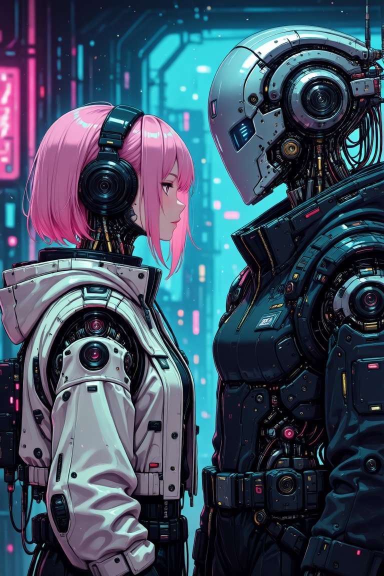 The image depicts a futuristic setting with two humanoid robots in the foreground. The robot on the left has a pink hairst...