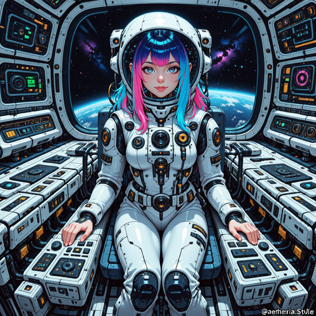 The image depicts a futuristic spacecraft interior with a young woman wearing a white space suit. She has vibrant blue and...