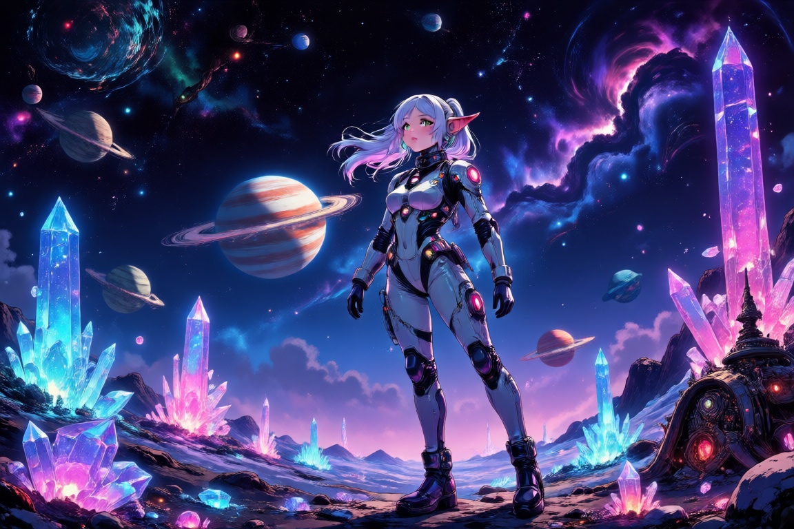 Create a retro 80s style anime scene set in a magical,  futuristic space environment where a character named Frieren is ex...