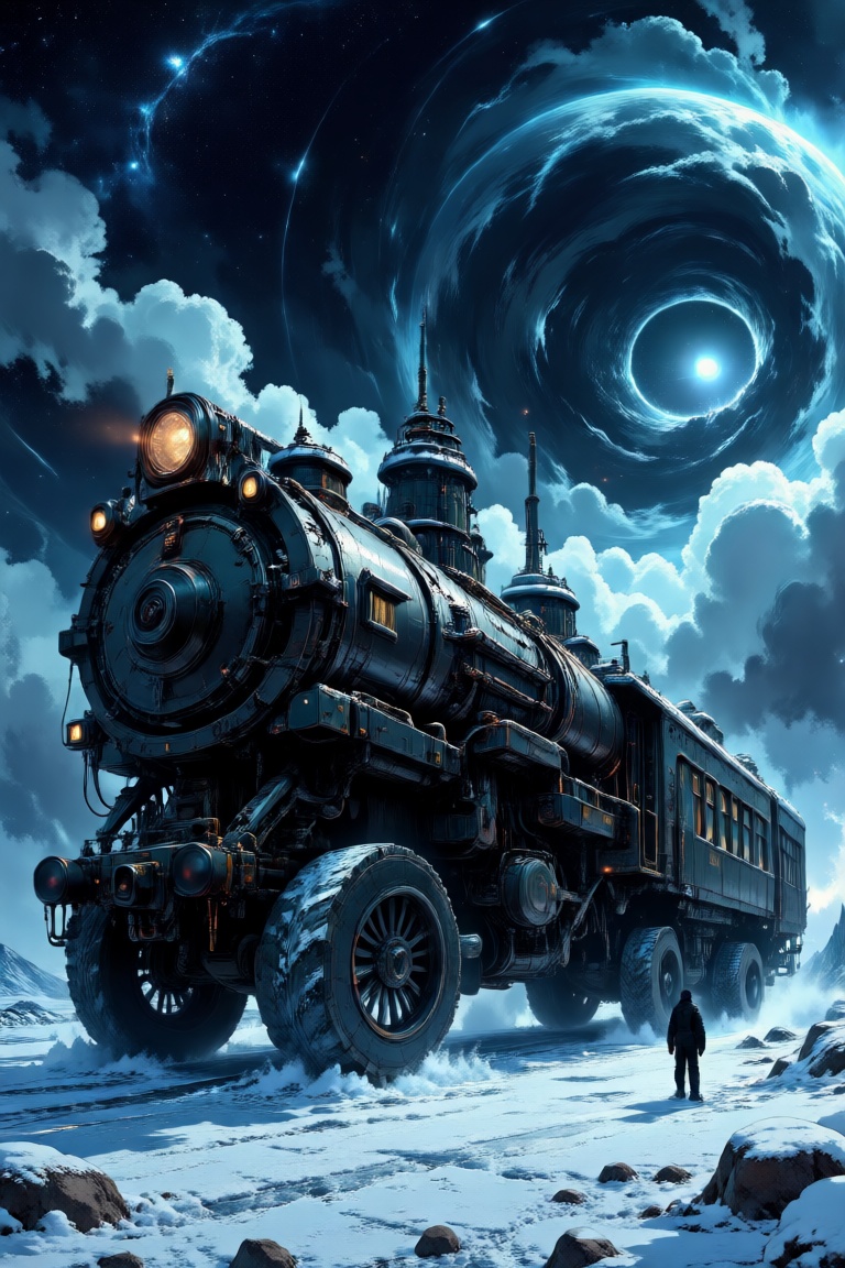 The image depicts a large,  futuristic train with a massive,  industrial-grade engine. The train is situated in a snowy on...