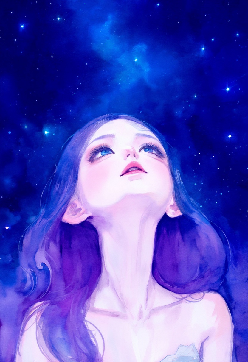 softwatercolor,  a woman viewed from a low angle,  her head tilted directly upward toward a vast sky on Tensor.Art