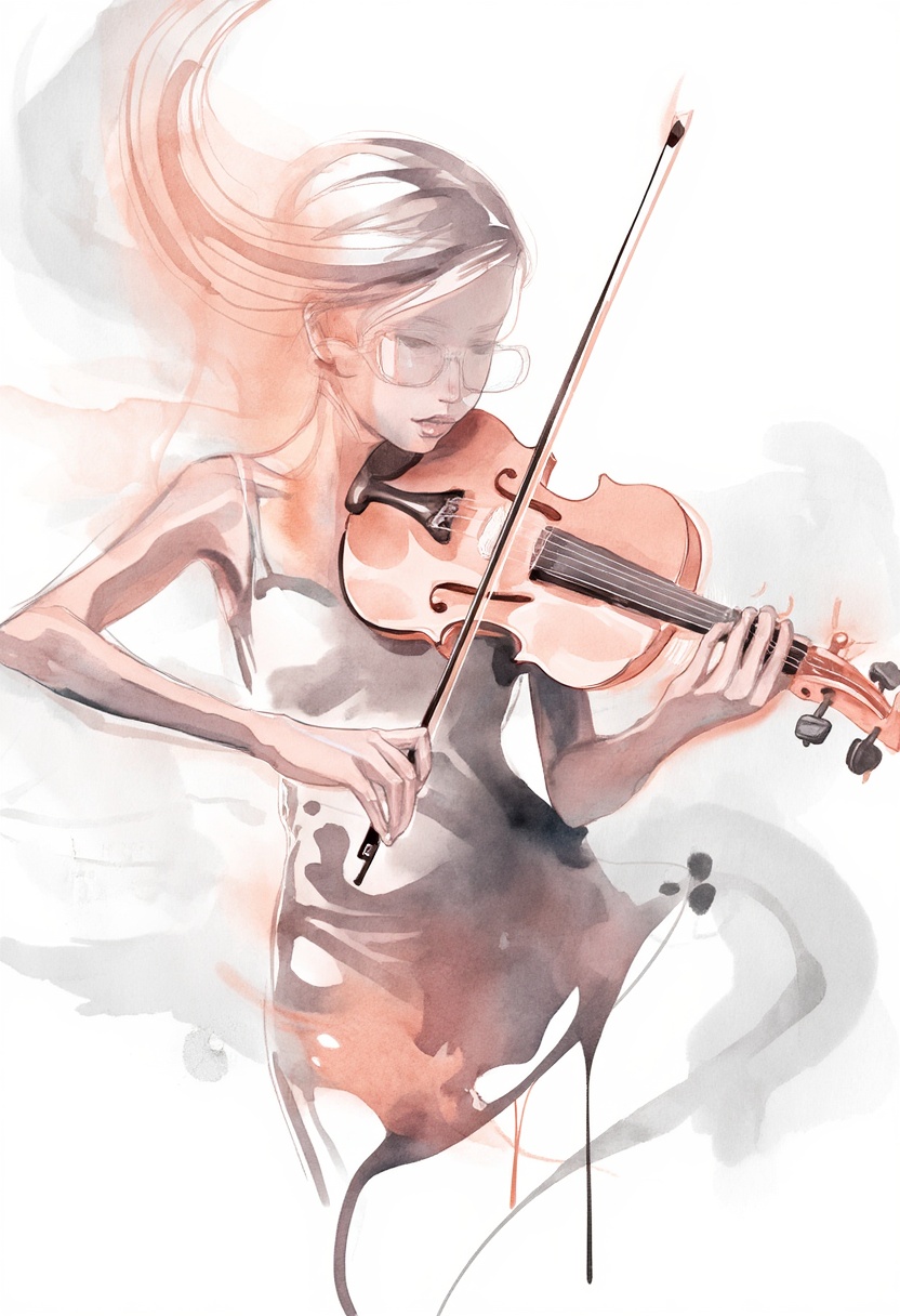 softwatercolor illustration of an expressive female violinist lost in her music. The movement of the bow is captured throu...