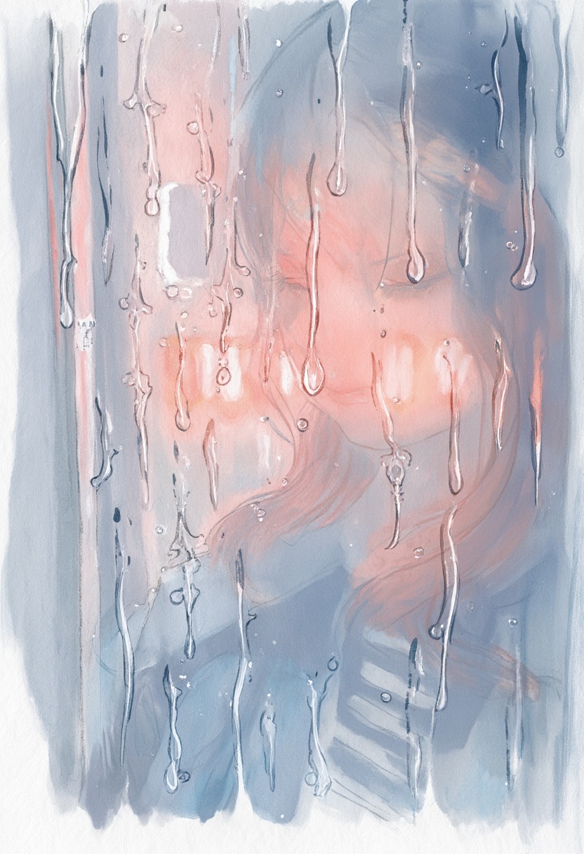 softwatercolor painting of a woman looking through a rain-streaked windowpane. The focus is atmospheric,  with blurred ref...