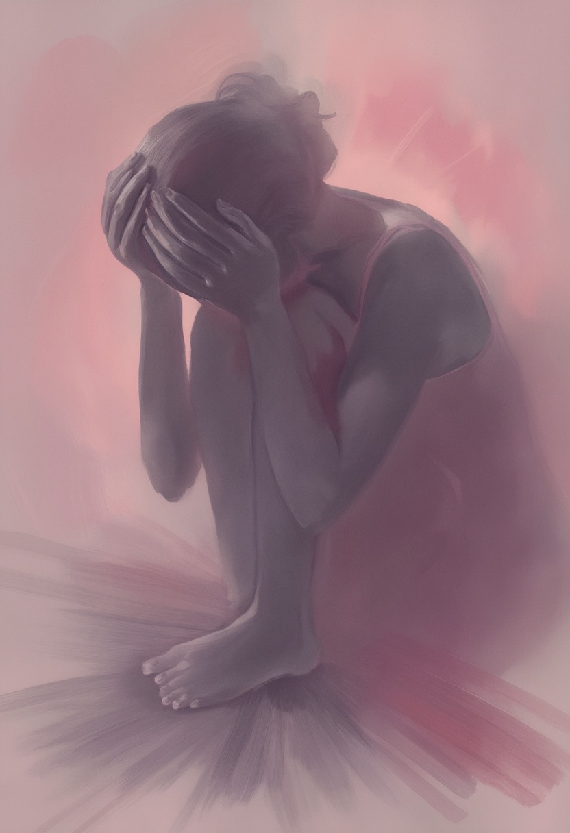 softwatercolor,  a raw,  emotional depiction of a woman seated with her elbows resting on her knees on Tensor.Art