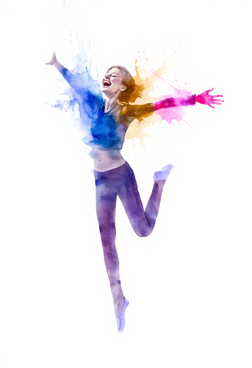 softwatercolor,  a dynamic full-body shot of a woman caught mid-leap,  arms thrown wide to the sky with a brilliant on Ten...