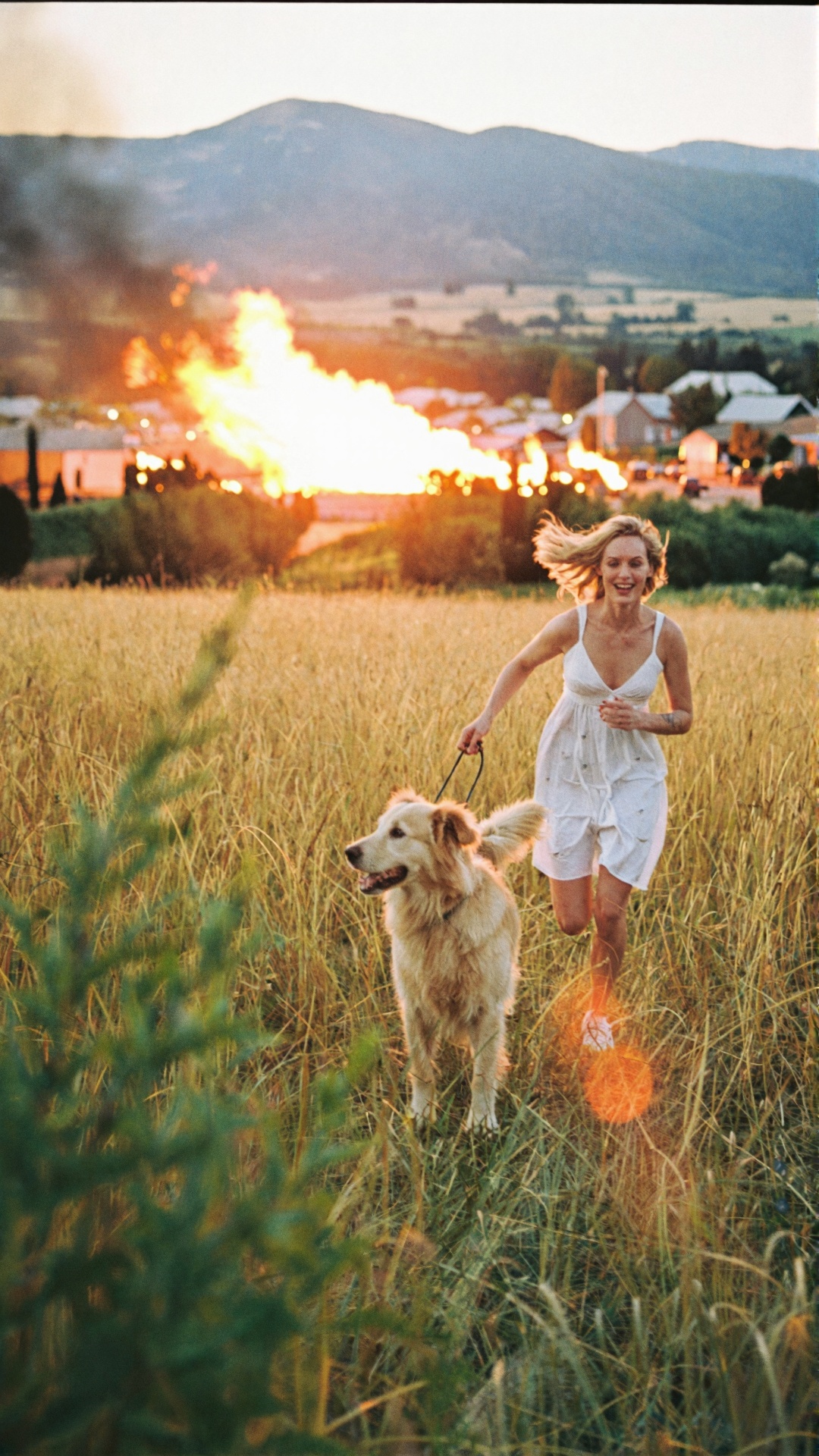A huge fire behind burns the town in the distance,  captured in an eye-level telephoto perspective. A golden retriever sta...