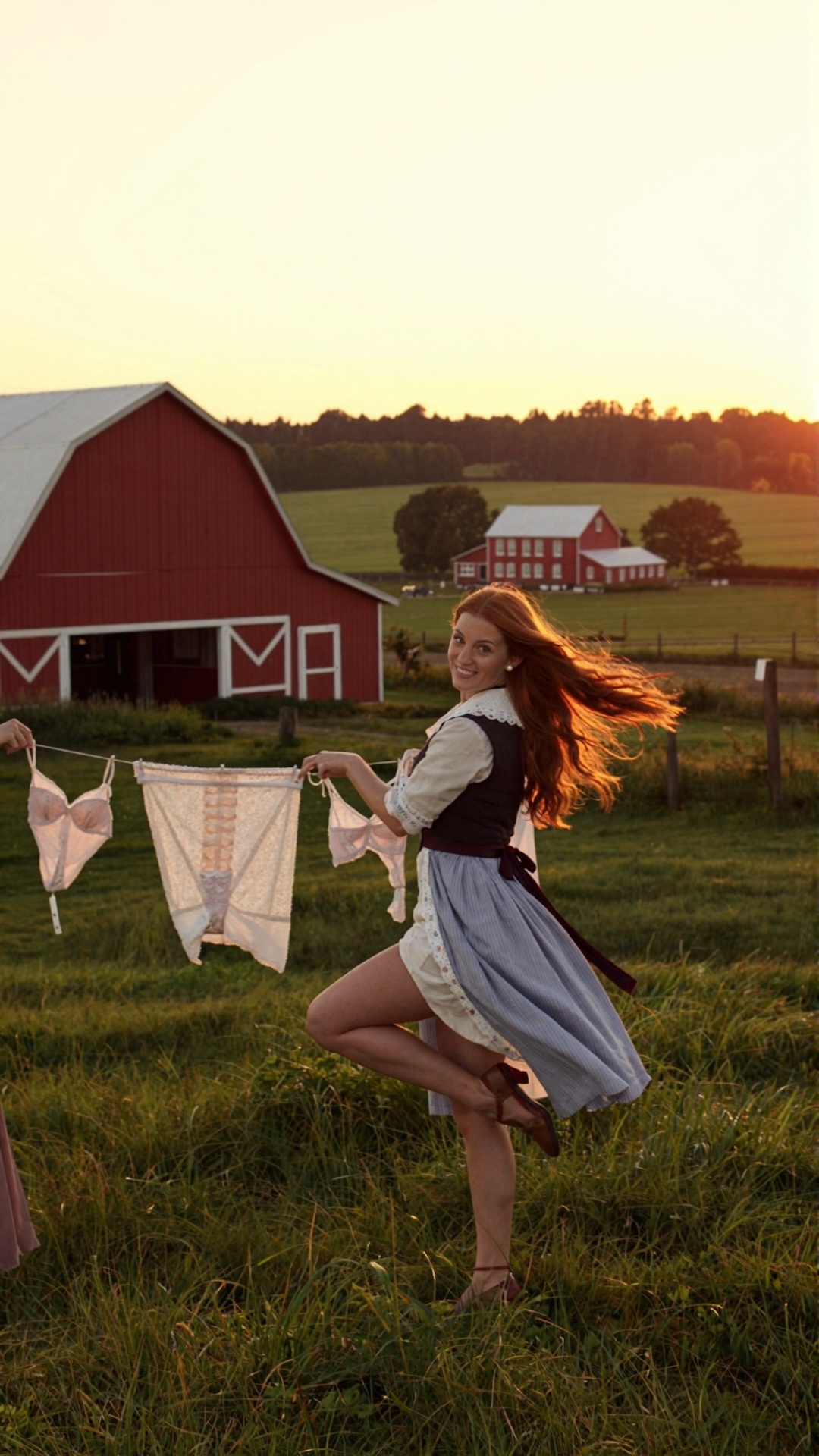 Create a scene set in a picturesque farm environment with a red barn and a two-story farmhouse in the distance. Focus on a...