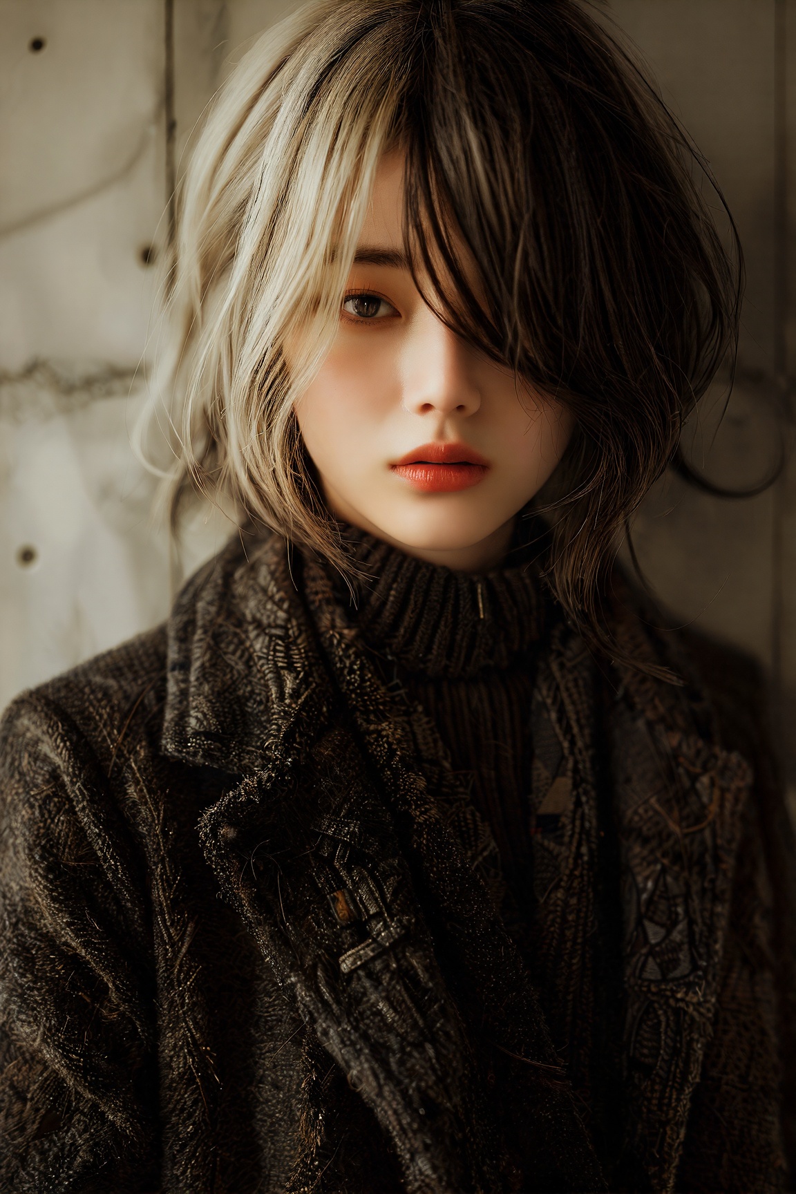 A woman with a mix of white and grey hair,  her face partially hidden by streaked strands over one eye and dark bangs cove...