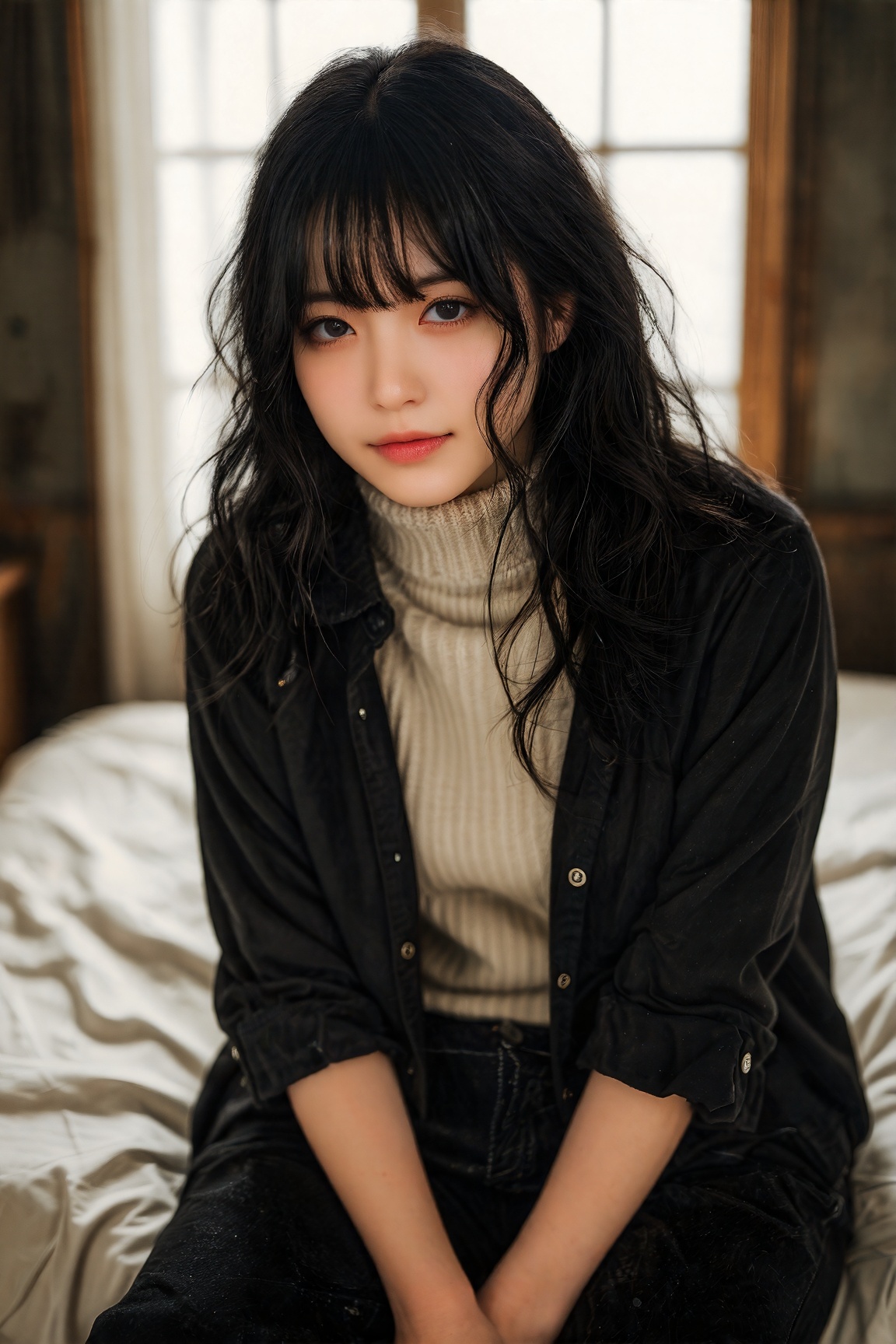 In an intimate interior setting—a bedroom with a light streaming in from the window—an ***** female sits on her bed. Her l...