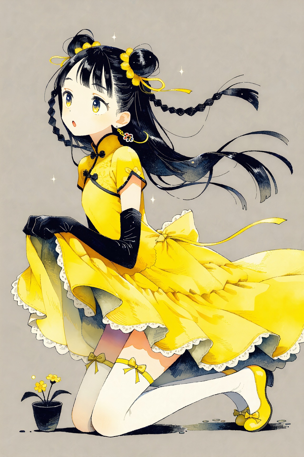 aesthetic illustration,  A girl with long black hair,  wearing a yellow dress adorned with lace trims and earrings on Tens...