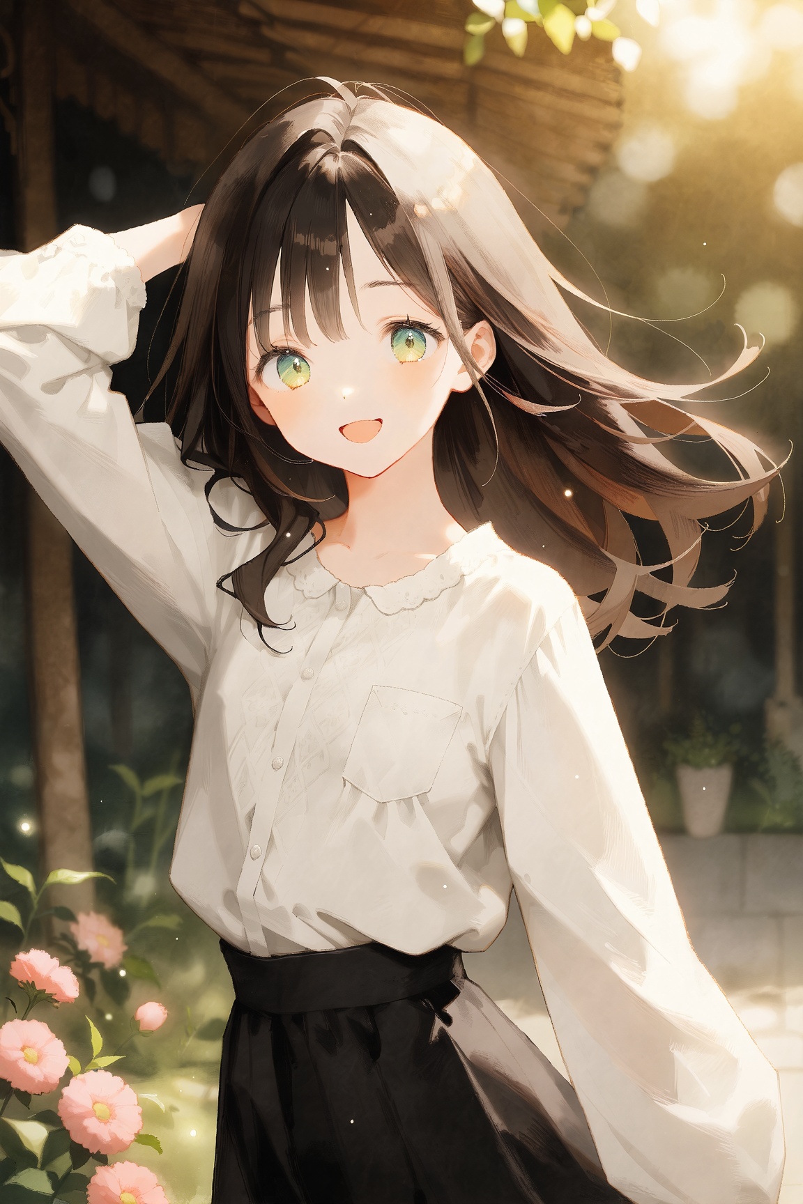 aesthetic illustration,  A young girl stands outdoors,  her green-eyed appearance framed by the interplay of sunlight and...