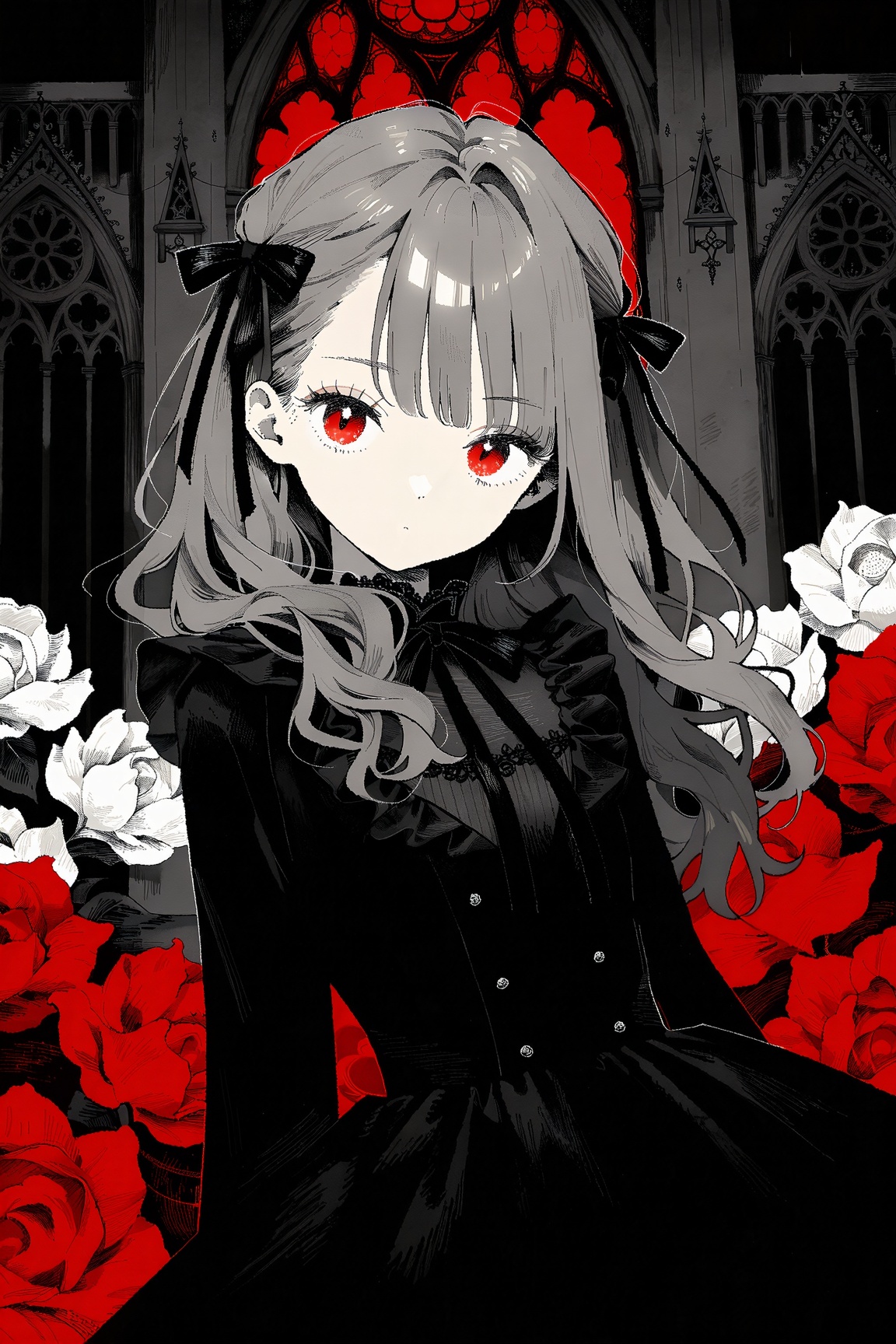 aesthetic illustration,  A girl with wavy grey hair and straight,  blunt bangs adorned in a ribbon looks at the viewer. He...