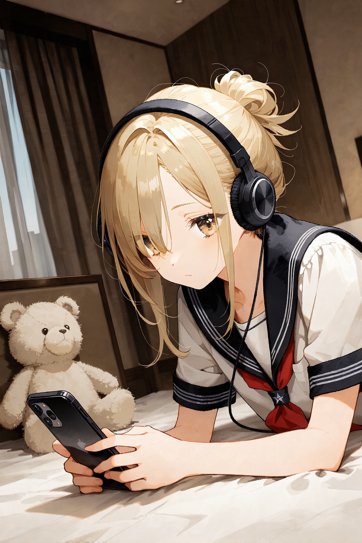 aesthetic illustration,  A blonde girl with short hair and side-locks,  wearing a collared shirt underneath her sailor sch...