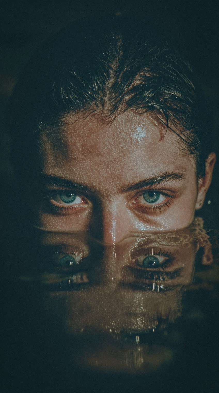 A hyper-realistic professional photograph of a haunting close-up portrait. A figure with slick,  wet jet-black hair is par...