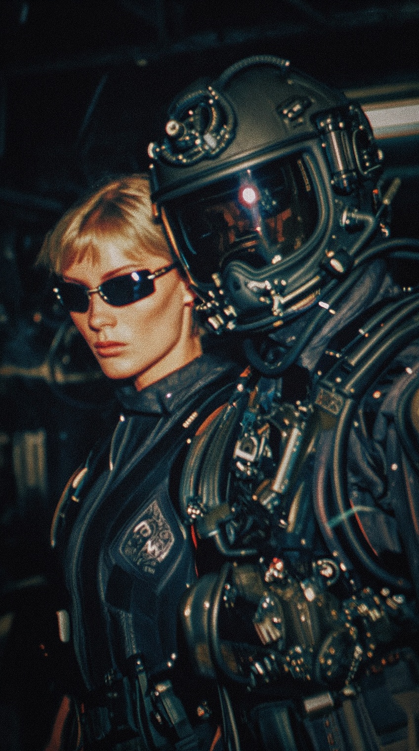 A close-up,  flash-lit shot of two figures in black flight suits. One is a woman with a blonde bob and dark sunglasses loo...