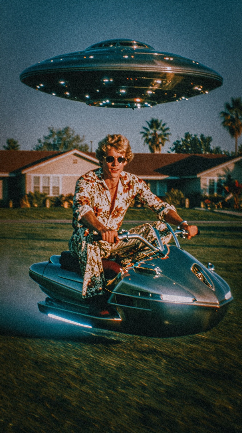 A handsome young blond man wearing a matching retro 1970s floral shirt and trousers with aviator sunglasses is casually si...