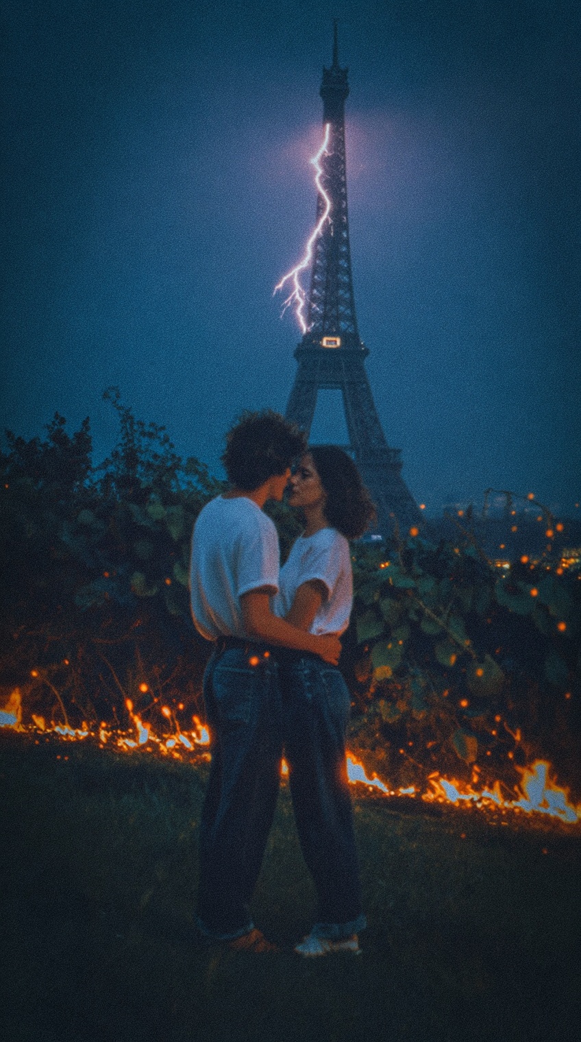 A vertical cinematic photograph taken during the blue hour in a surreal version of Paris. **A young couple consisting of a...