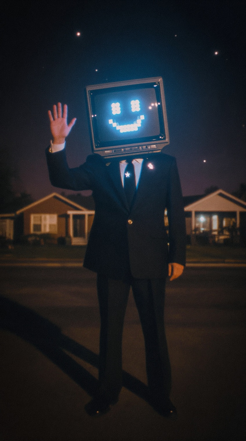 A figure wears a glowing vintage CRT television monitor as a head,  its curved glass screen displaying a simple bright blu...