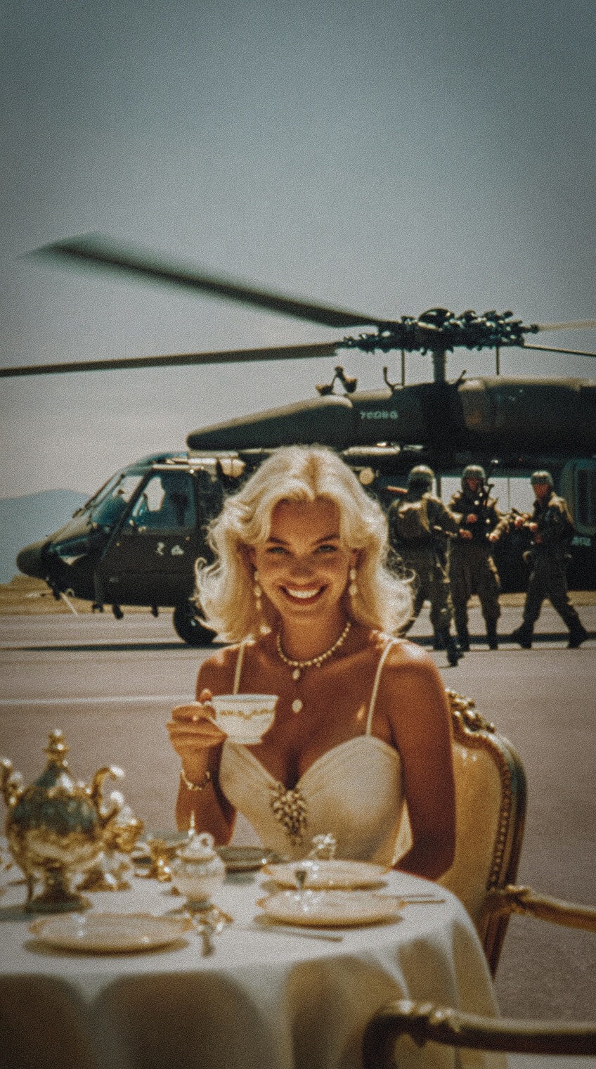 A juxtaposition of luxury and warfare: a blonde woman in an elegant white dress smiles while holding a teacup at a table s...