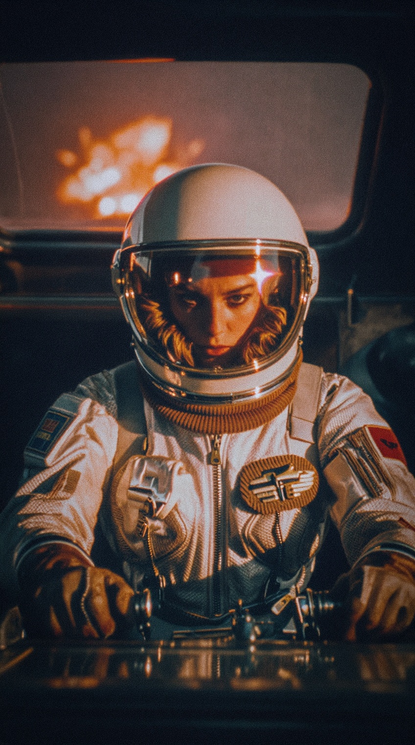 A female space pilot wears a glossy white astronaut helmet with a dark gold-tinted visor reflecting a neon sunset,  her ha...