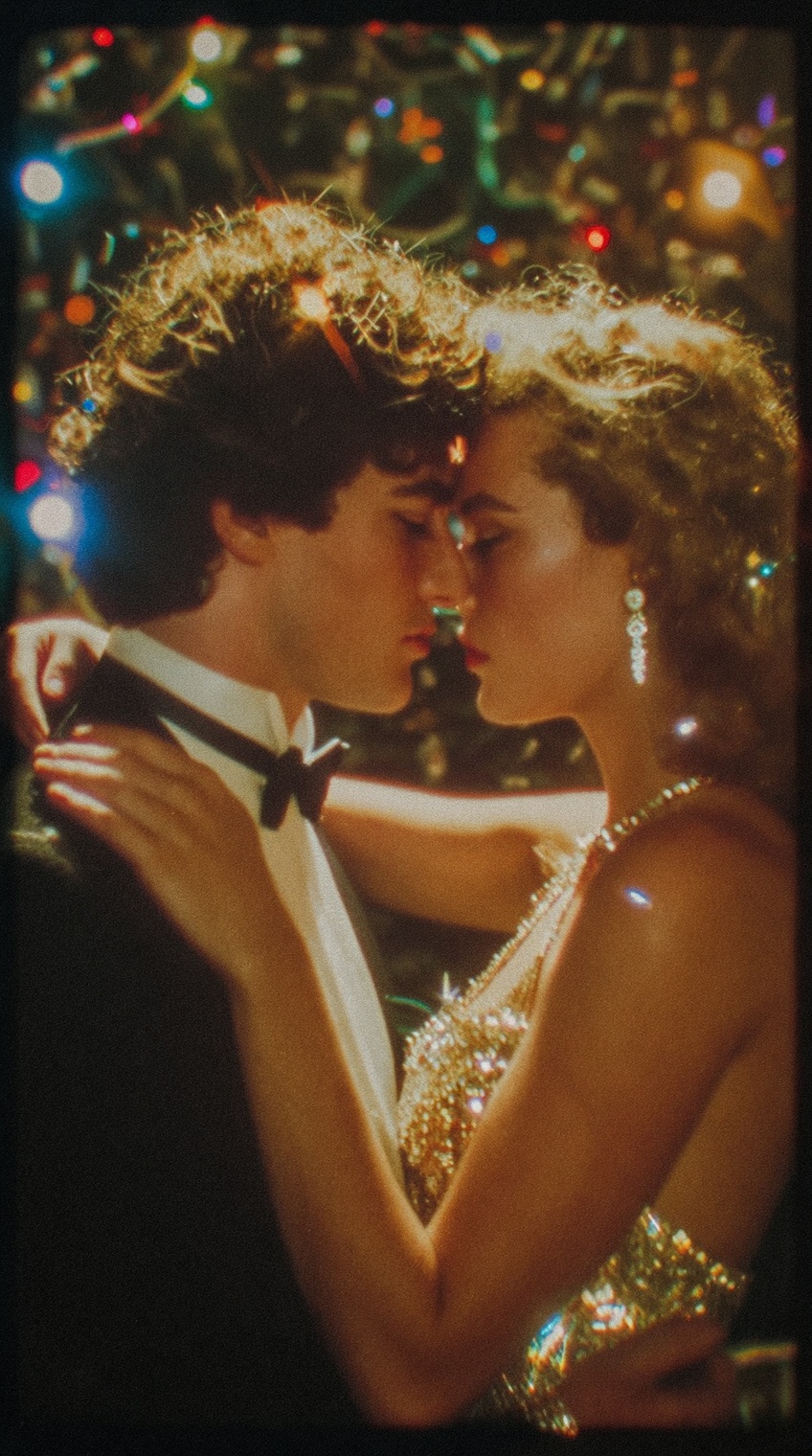 Fever Dream Mood,  A couple embraces closely,  their faces intimate and bathed in the warm golden glow of a thousand glitt...