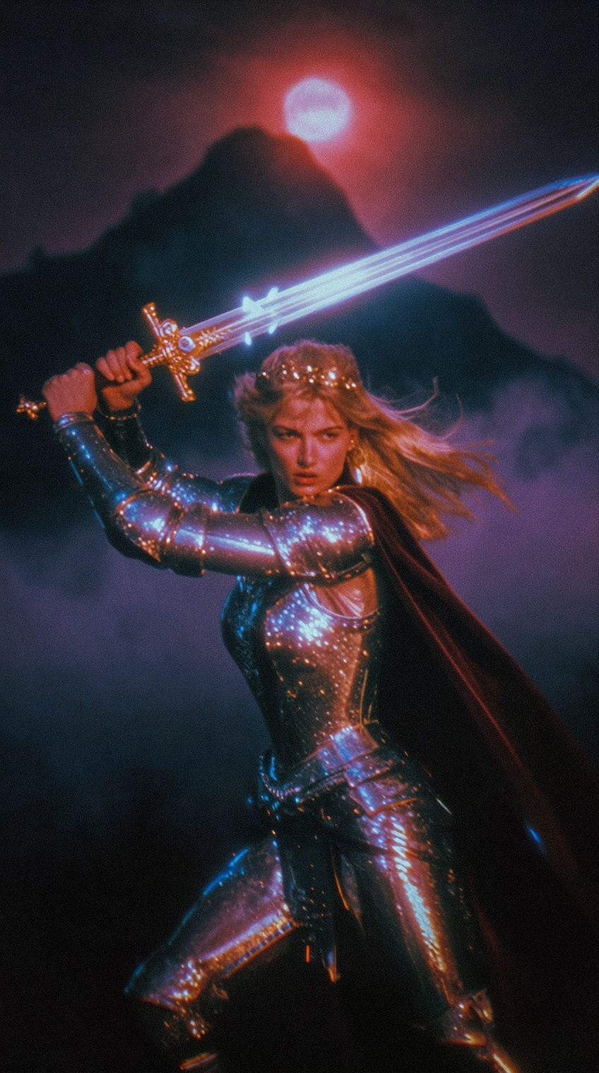A fantasy warrior woman holds a glowing silver broadsword with both hands,  its blade radiating a soft neon-blue luminesce...