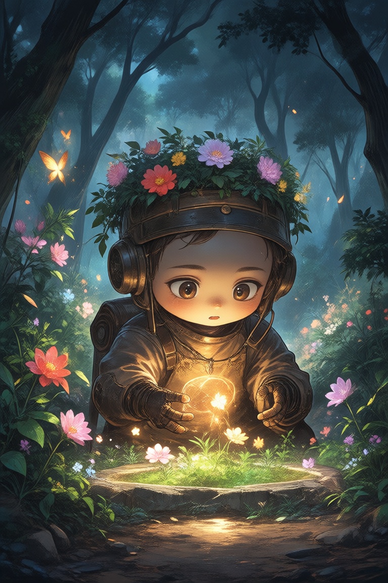 professional photography of an fantastical cute robot boy with whimsical elements,  flowers and swirling magic,  eerie fai...