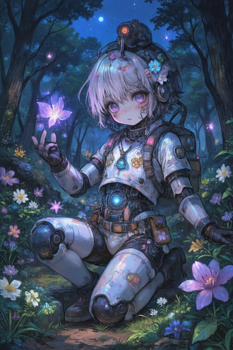 professional photography of an fantastical cute robot boy with whimsical elements,  flowers and swirling magic,  eerie fai...