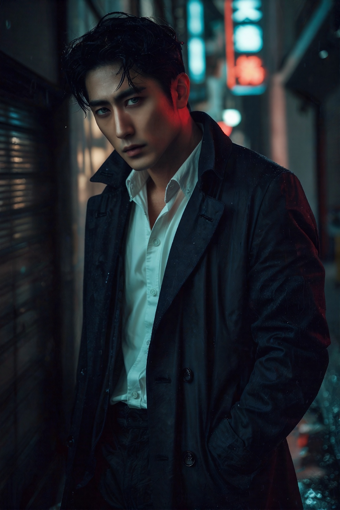A ruggedly handsome man in his early 30s,  standing in a moody,  rain-soaked urban alley at night. His sharp jawline is hi...