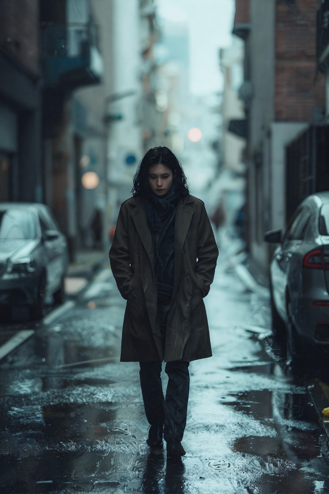 a A lone figure walking down a rain-soaked city street,  film grain,  cinematic still on Tensor.Art
