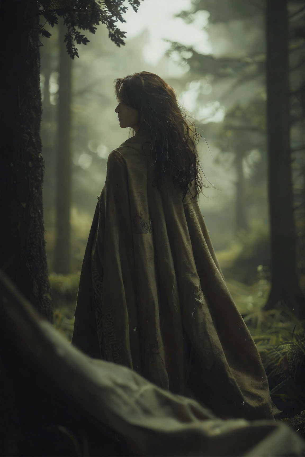 A woman's profile emerges from a misty forest,  her long hair and flowing cloak entwining with the fog-shrouded treetops....