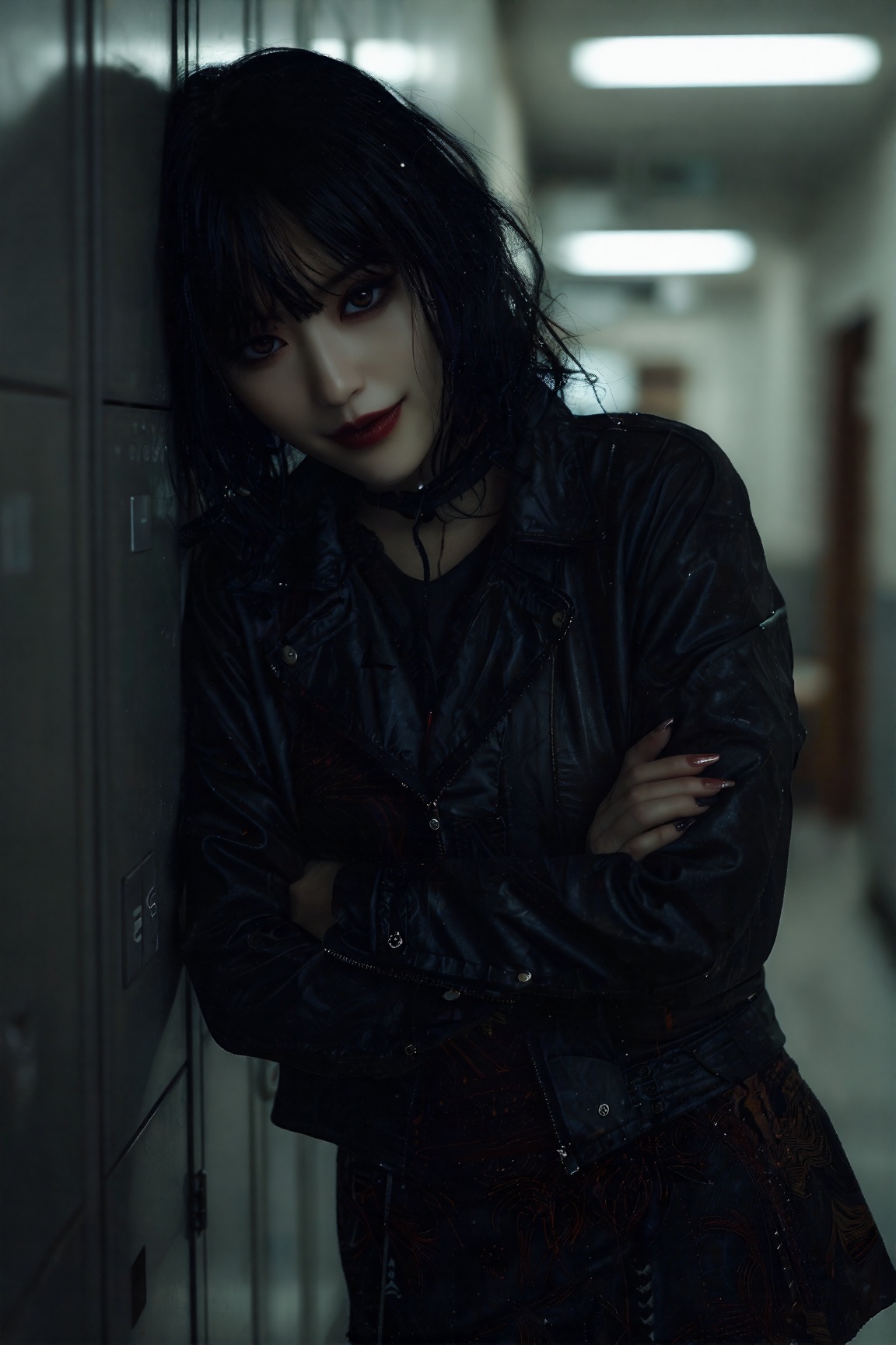 A haunting close-up captures the enigmatic figure's macabre allure,  set against a dimly lit high school hallway with flic...