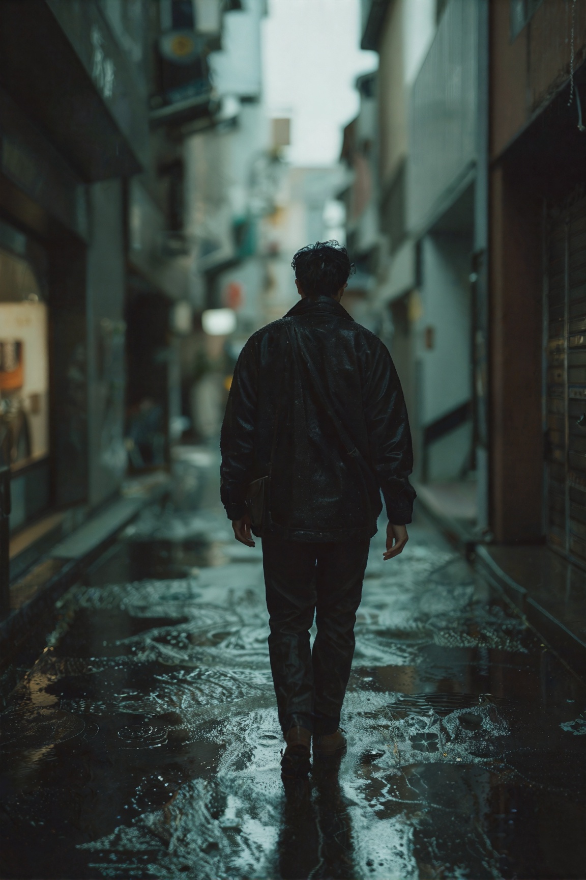 a A lone figure walking down a rain-soaked city street,  film grain,  cinematic still on Tensor.Art