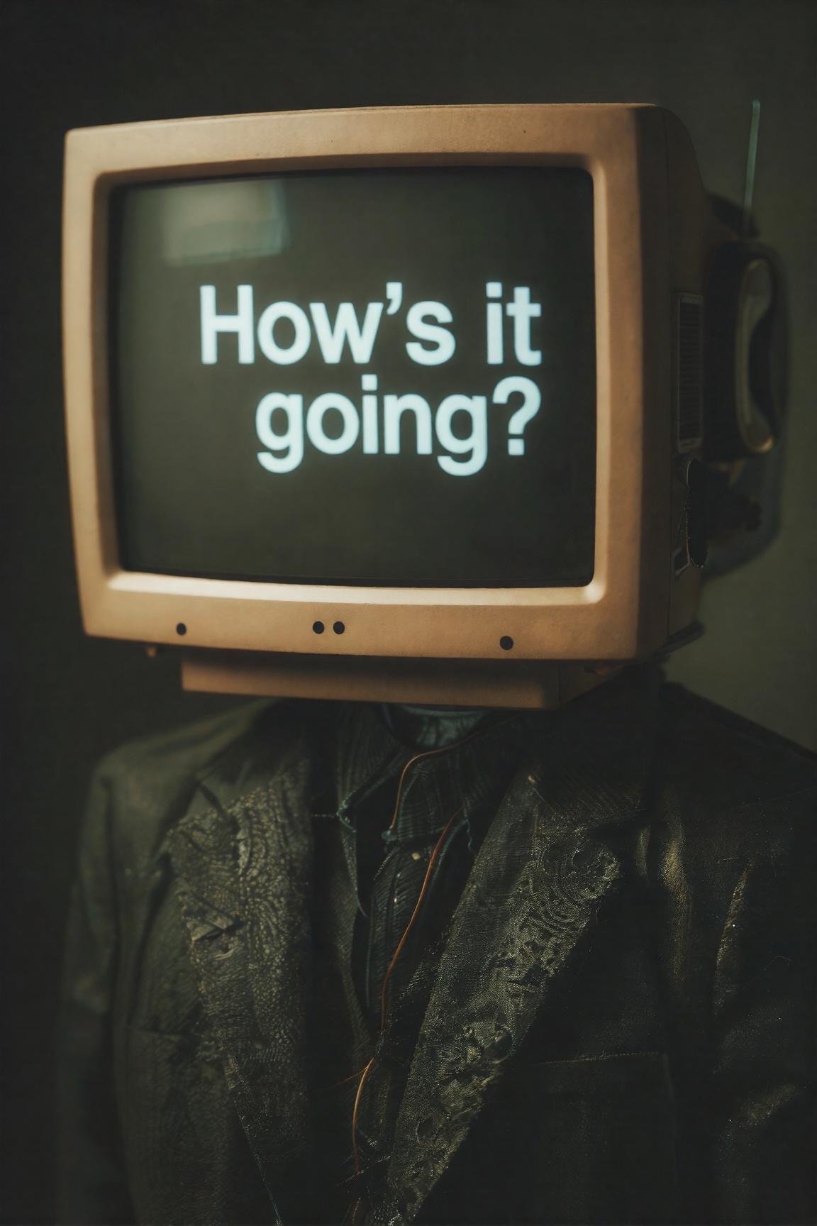 CRT monitor head android,  humanoid robot with a black suit,  "How's it going?" is displayed on the monitor on Tensor.Art